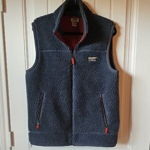 L.L. Bean Dark Blue Mountain Pile Sherpa Vest with Burnt Red/orange Details